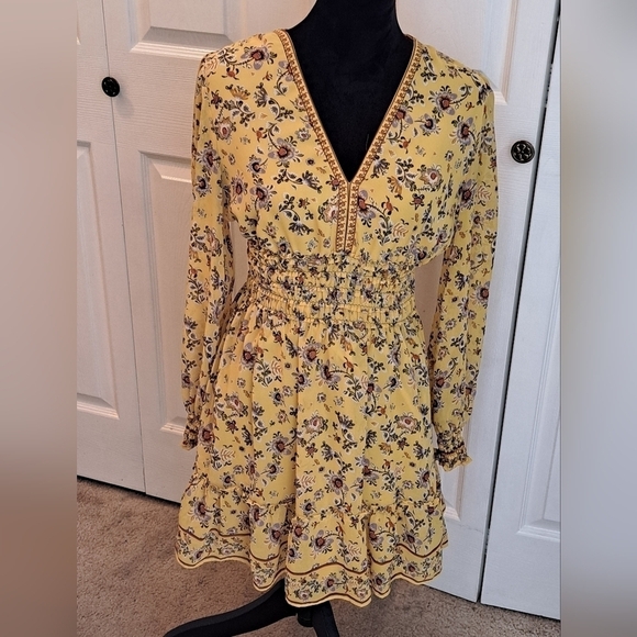 Max Studio Mustard Floral Long Sleeve Mini Dress   Size M - Picture 1 of 10